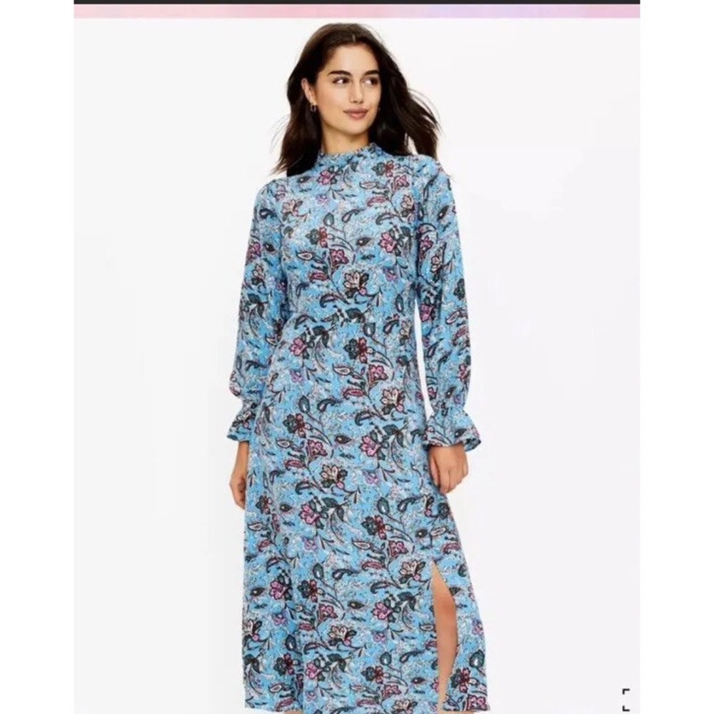 Loft Bright Blue Pink teal Paisley Bouquet Mock Neck Dress SZ 6 Bell Cuffs